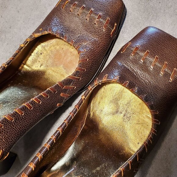 Dolce & Gabbana Vintage Y2K 90s Quiet Luxury Brown Leather Square Toe Heels 39 - Picture 14 of 16